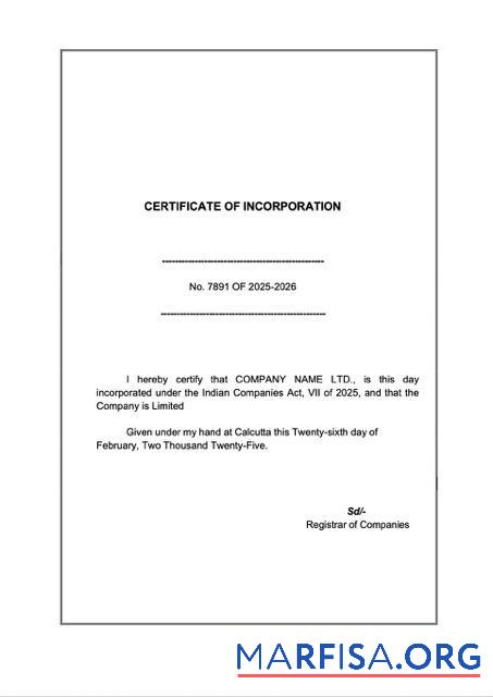 Printable India certificate of incorporation Word and PDF template, version 4